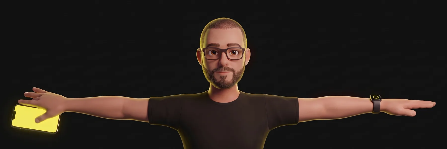Danny als animierte Figur vor schwarzem Hintergrund, die Arme weit wie Flügel ausgebreitet, in der einen Hand ein gelb leuchtendes Smartphone, am anderen Handgelenk eine Smartwatch